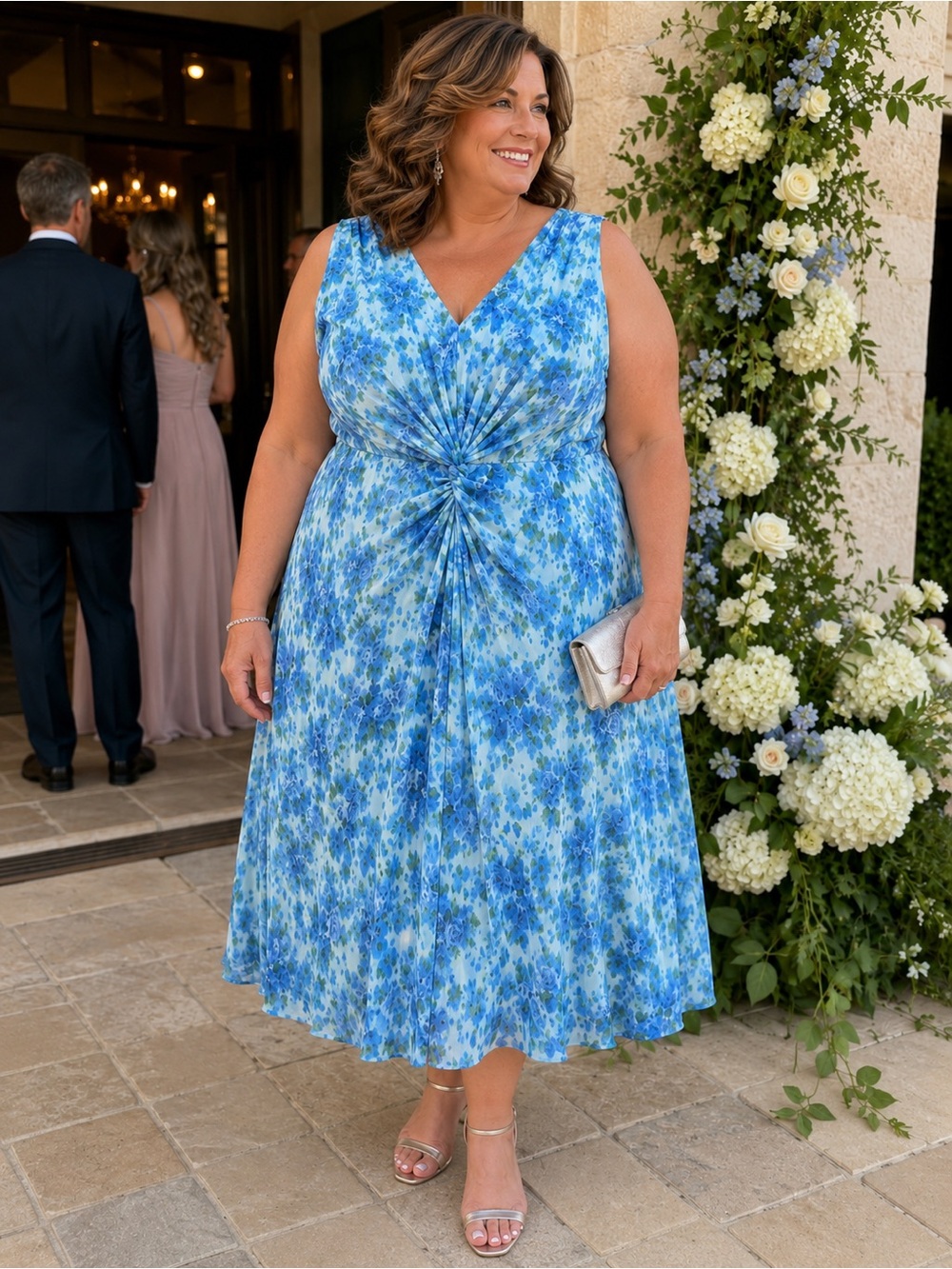 Blue Floral Twist Front Size 3X Beautiful Mature Chic Midi Special Event Dress